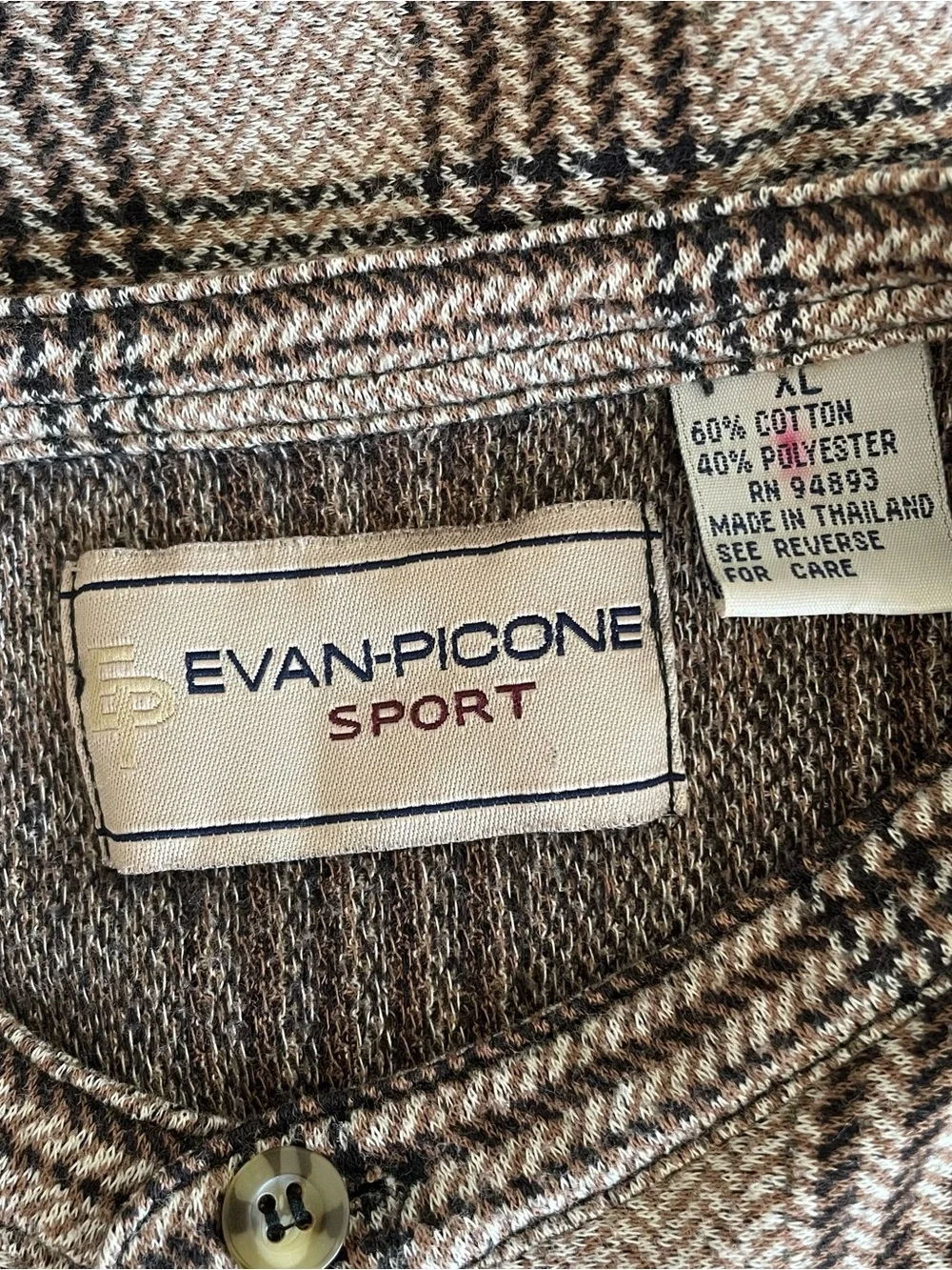 Evan Picone Sport Men's XL Cotton/Poly plaid Brown‎ Scoop Neck Henley Shirt